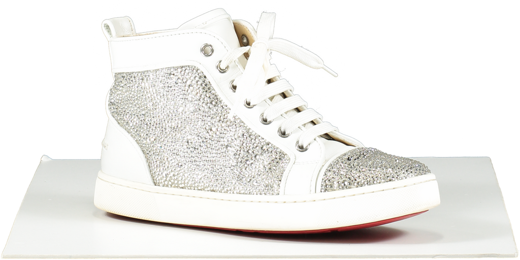 Christian Louboutin White Leather & Crystal Louis P Strass High 'crystal White' Hi-top Trainers UK 6 EU 39 👠