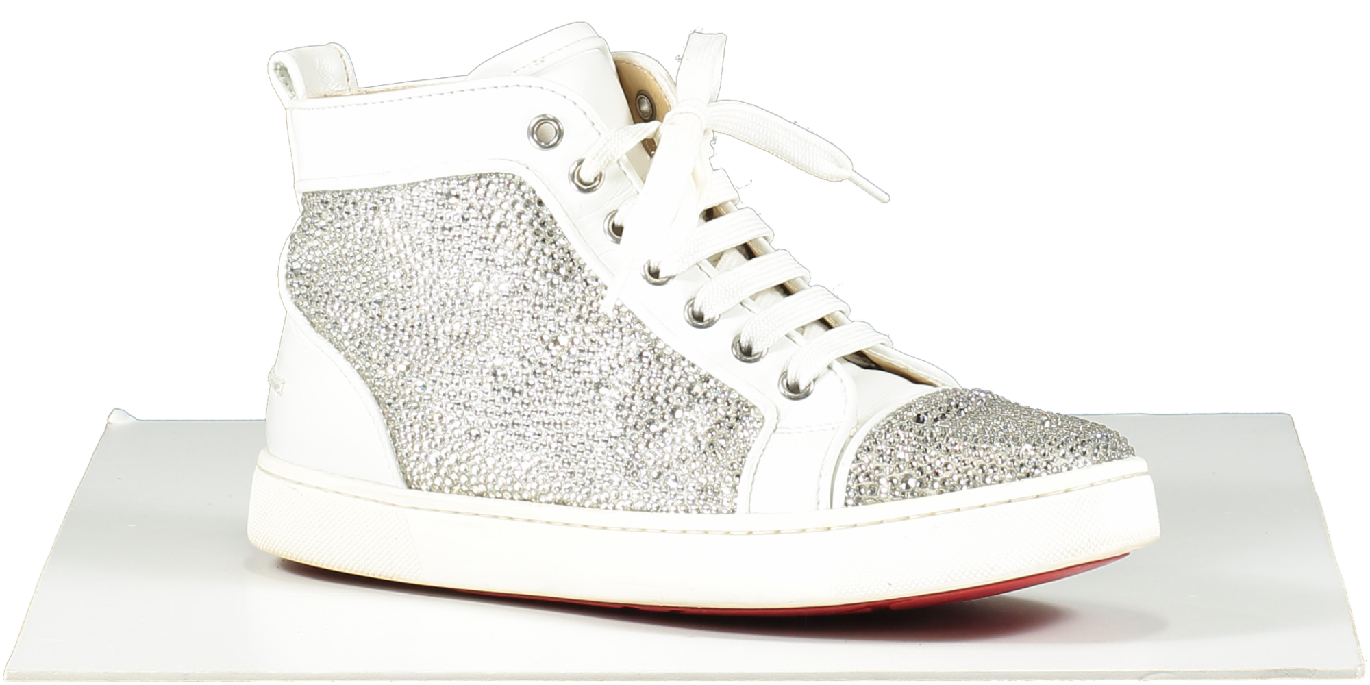 Christian Louboutin White Leather & Crystal Louis P Strass High 'crystal White' Hi-top Trainers UK 6 EU 39 👠