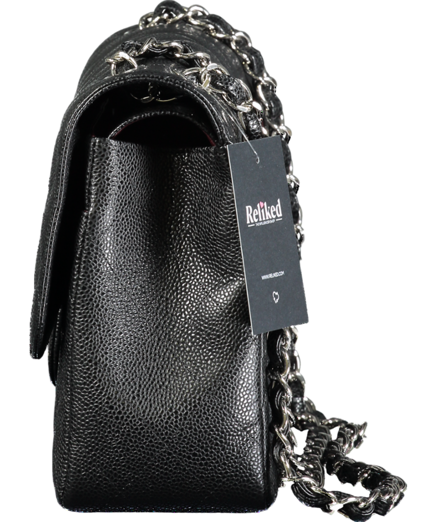 CHANEL Black Jumbo Classic Double Flap Bag in Caviar Leather with Silver Hardware