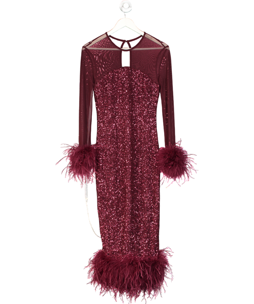 Club L Burgundy Afterglow Port Sequin Long-sleeve Midi Dress With Feather Trims UK 10