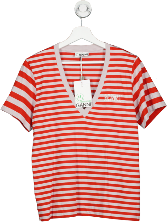 Ganni grey /red Striped V Neck Organic Cotton T-shirt UK XS