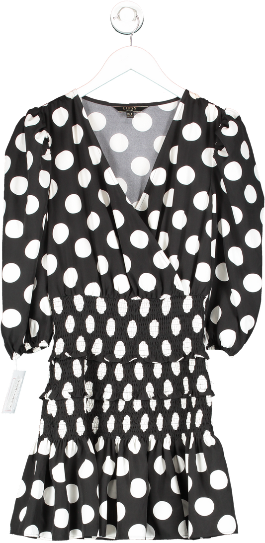 lipsy london Black Mono Print Wrap Ruffle Dress UK 8