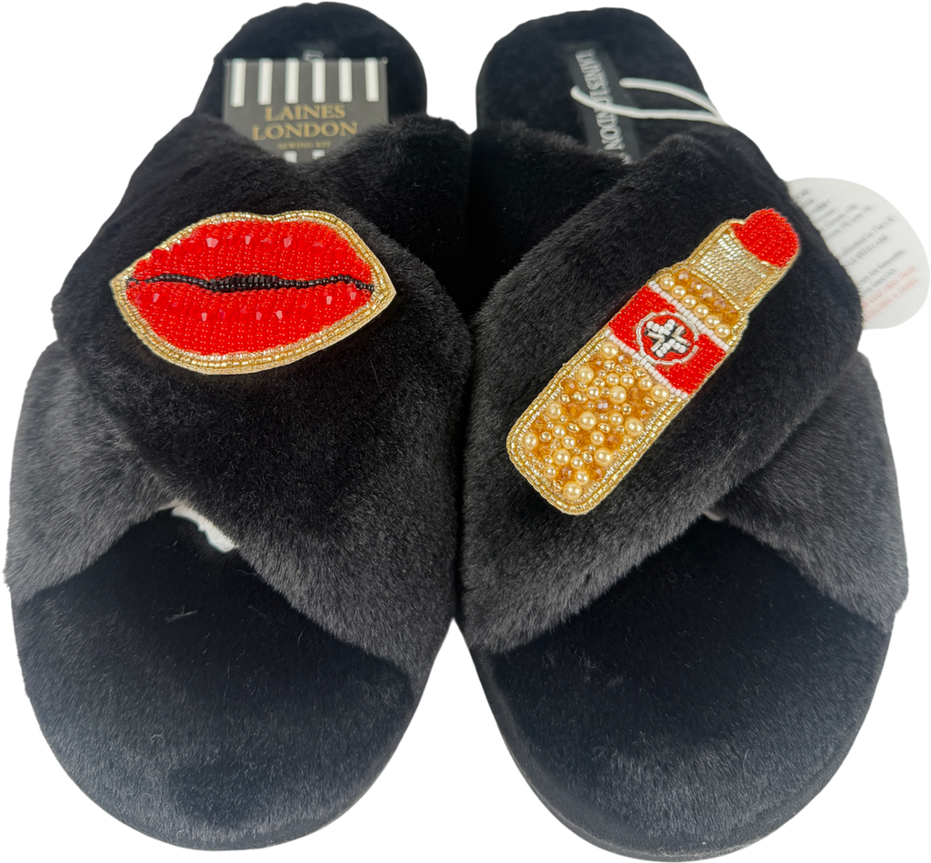 Laines London Black Lips And Lipstick Brooches Slippers - Size L UK 7/8