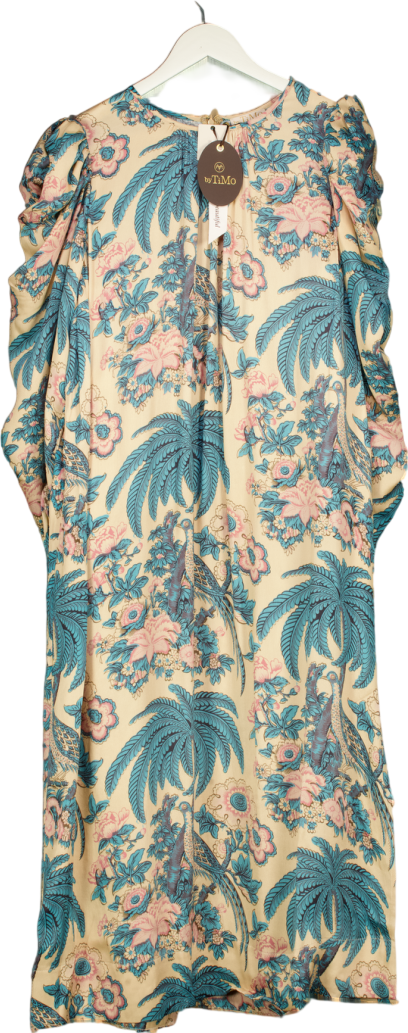 ByTIMO Nude / Pink / Blue Birds Printed Crépe Satin Relaxed Puff Sleeve Midi Dress UK S
