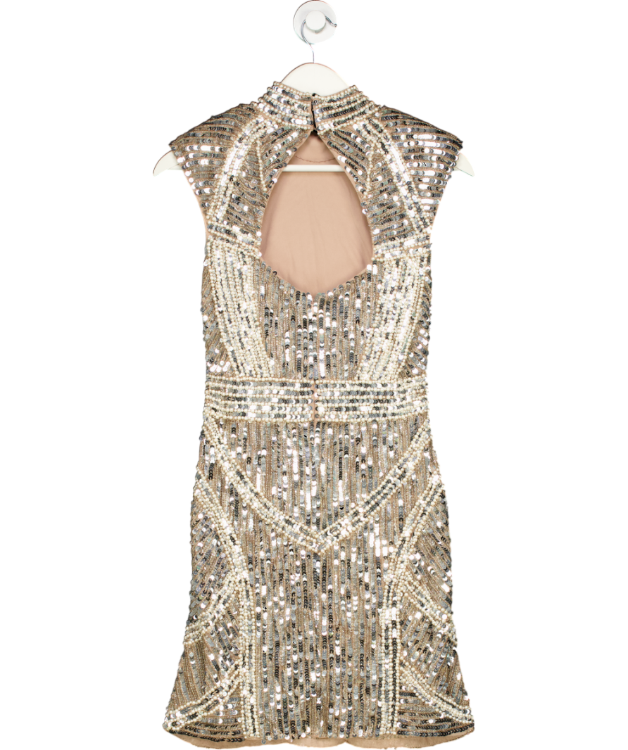 Karen Millen Metallic Embellished Pearl Strong Shoulder Mini Dress UK 8