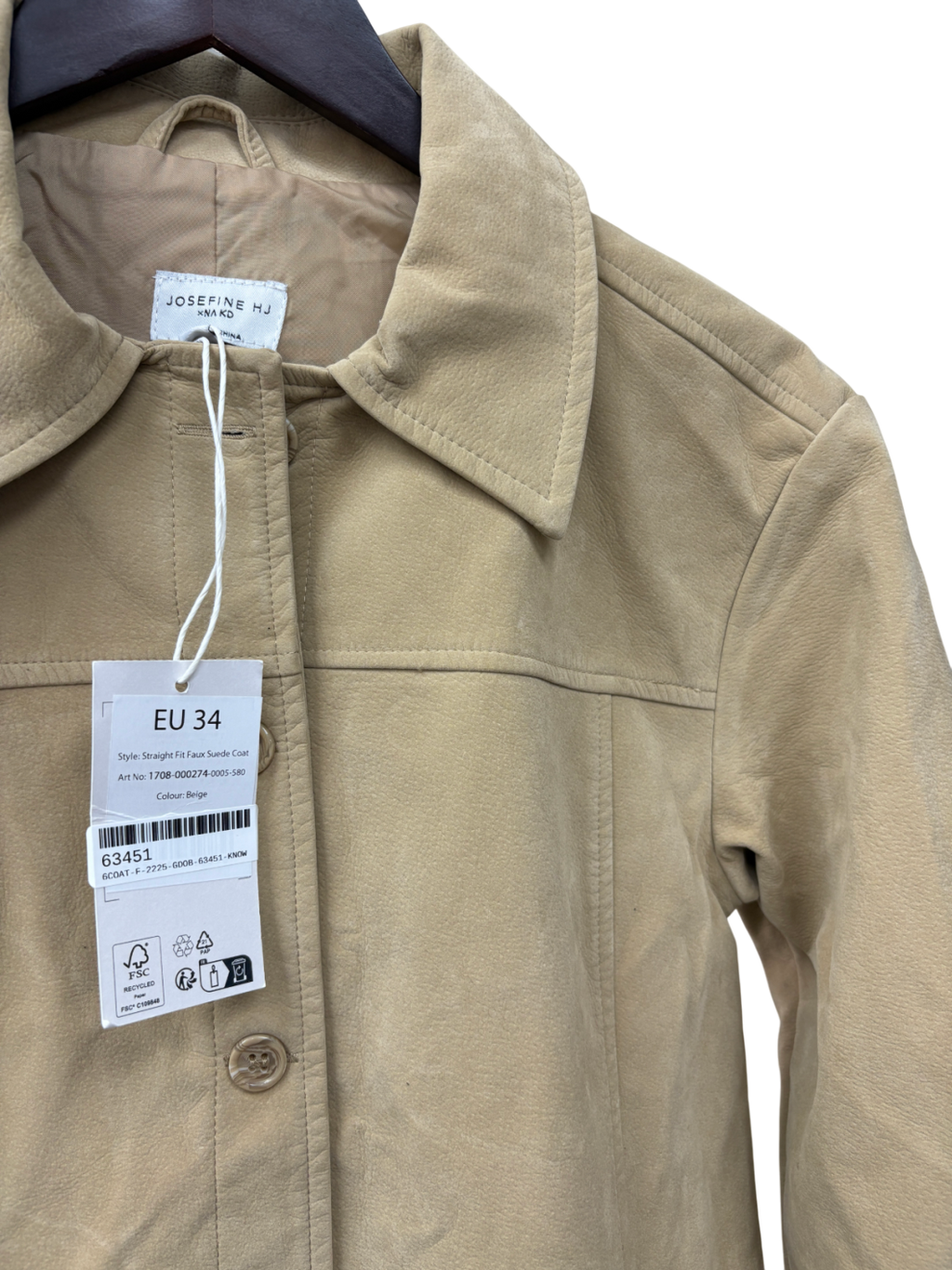 NA-KD Beige X Josephine HJ Straight Fit Faux Suede Coat UK 6