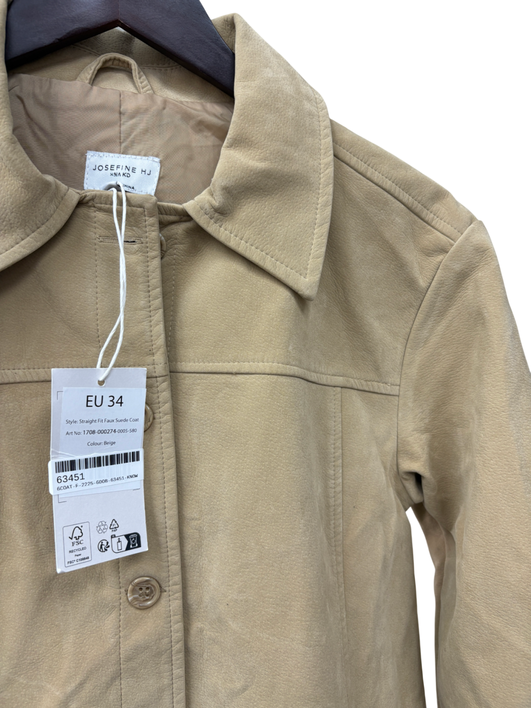 NA-KD Beige X Josephine HJ Straight Fit Faux Suede Coat UK 6