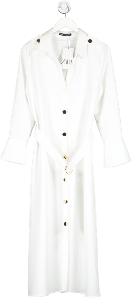 ZARA White Gold Button Fronted Midi Dress With Tie Front Belt UK M