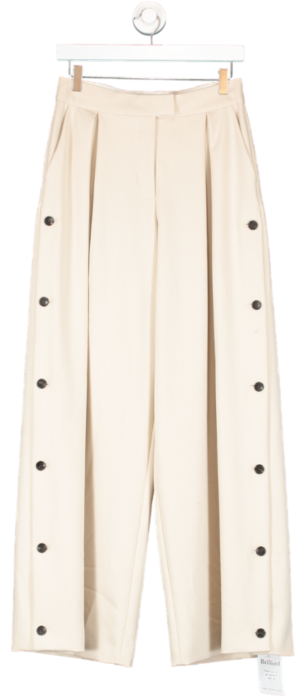 Karen Millen Beige Viscose Linen Tailored Pleated Button Detail Straight Leg Trousers UK 8