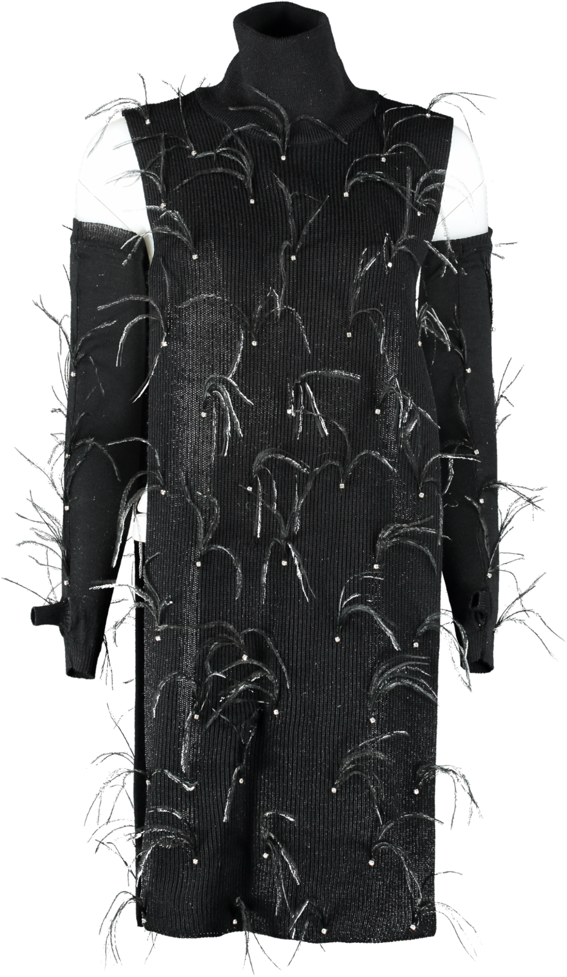 Santa Brands Black Crystal & Feather Embellished Open High Neck Sweater And Long Gloves Set One Size