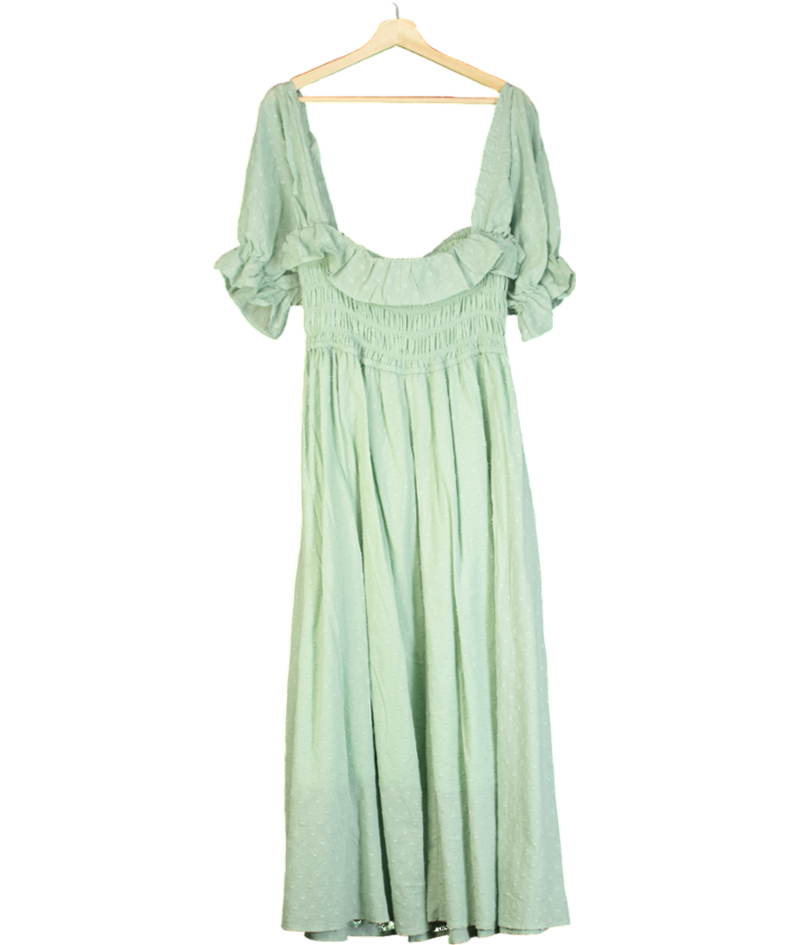 R.Vivimos Green Square Neck Puff Sleeve High Waist Midi Dress UK XL