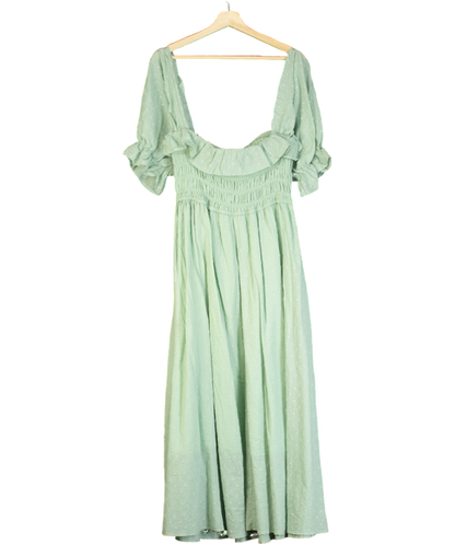 R.Vivimos Green Square Neck Puff Sleeve High Waist Midi Dress UK XL