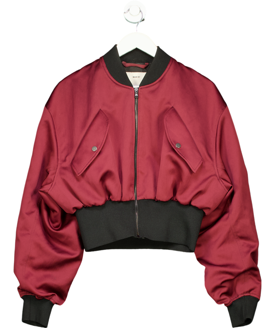 FIORUCCI Burgundy Satin Logo Patch Cropped Bomber Jacket UK S