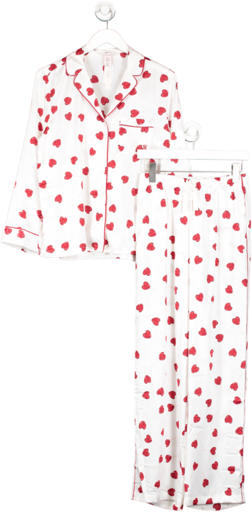 Victorias Secret White Heart Prink Long Satin Pyjamas UK XS