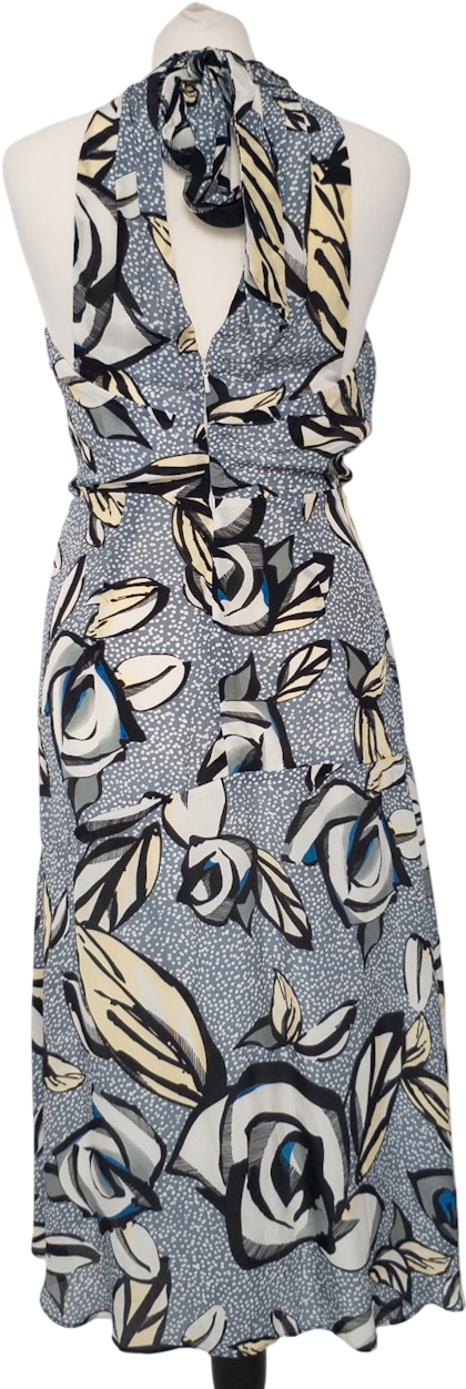 REISS Grey / Blue Rose Floral Printed Midi Dress UK 8