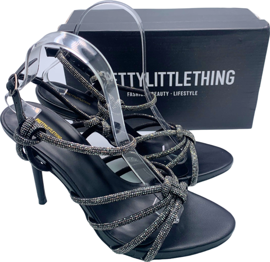 PrettyLittleThing Black Diamante Knot Strappy High Heeled Sandals UK 6