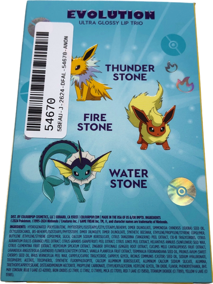 Colourpop x Pokemon Ultra Glossy Lip Trio Fire Stone, Water Stone, Thunder Stone 3 x 3.15g