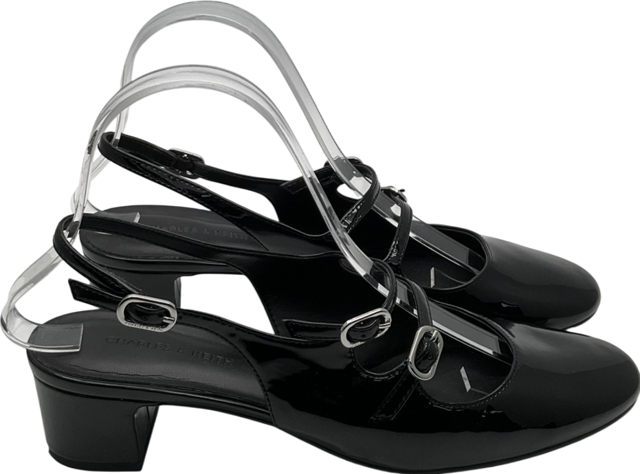 Charles & Keith Black Patent Double Buckle Sling Back Kitten Heels UK 5 EU 38 👠