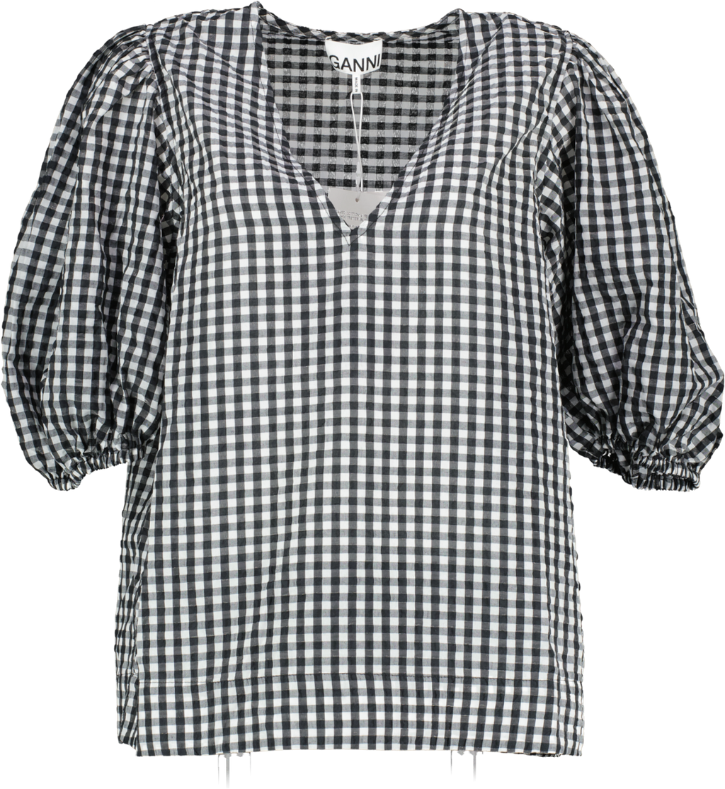 Ganni Black / White Check Puff Sleeve Top UK 16