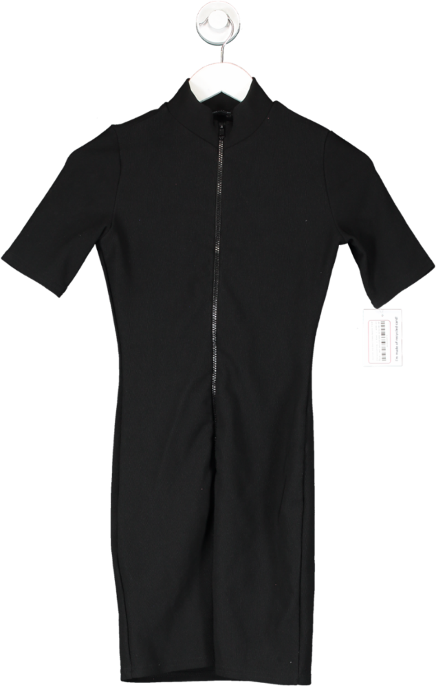 PrettyLittleThing Black Zip Front Rib Short Sleeve Bodycon Dress UK 8