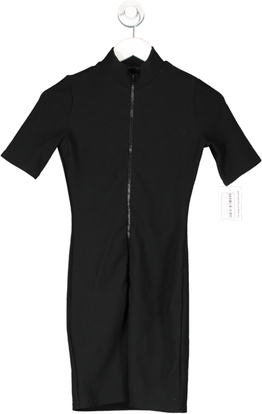 PrettyLittleThing Black Zip Front Rib Short Sleeve Bodycon Dress UK 8