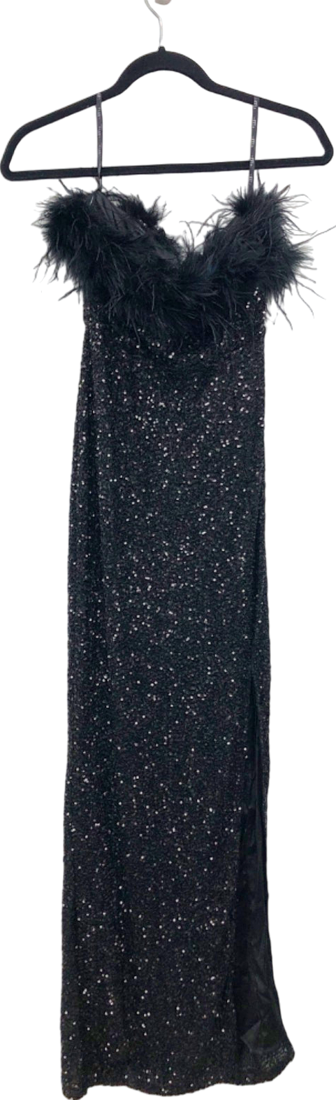 Club L London Black Feather Trim Sequin Maxi Dress UK 6