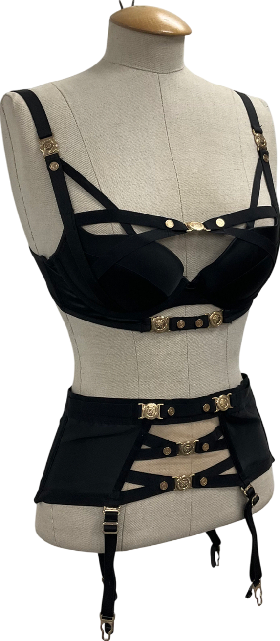 Honey Birdette Black Satin Push Up Bra And Suspender Set UK 32D