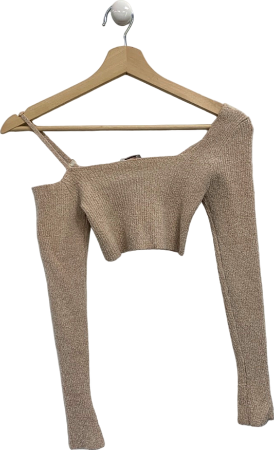 Oh Polly Beige Ribbed Off-Shoulder Crop Top UK S