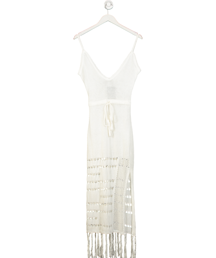 Mermaids White Knitted Fringed Crochet Maxi Dress UK S