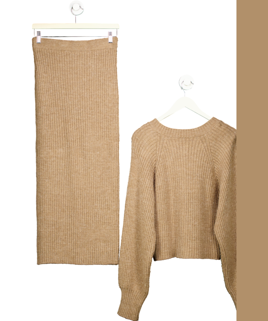 NA-KD 2-piece Brown Rib Knit Shoulder Pad Cardigan And Maxi Skirt set UK M