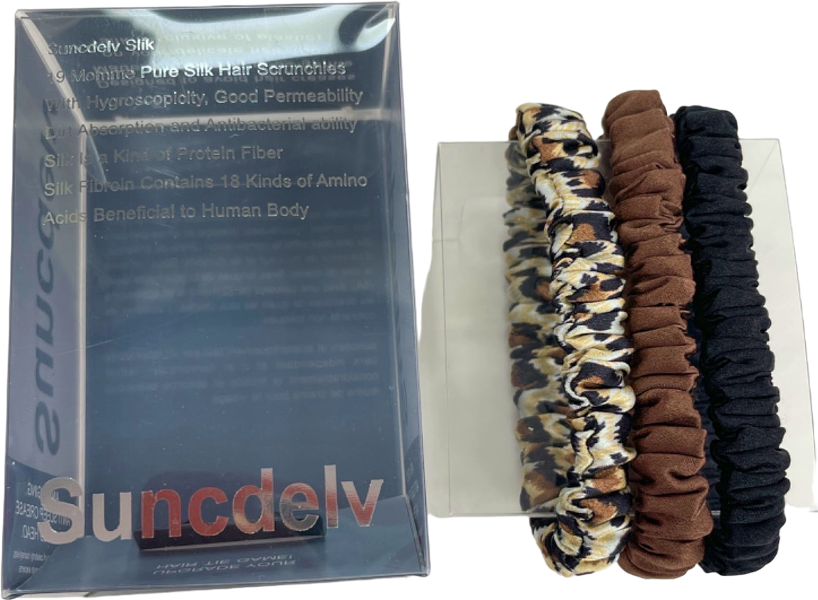 .Silk Black/Brown/Leopard Pure 100% Silk Hair Scrunchies Set of 3