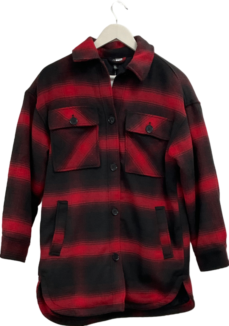 H&M Red Checked Padded Long Line Shacket UK XS