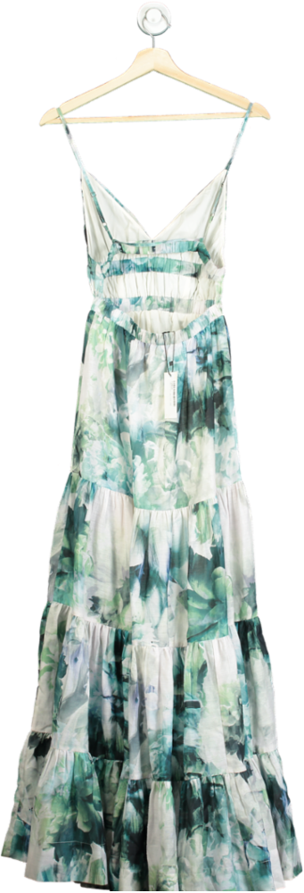 Karen Millen Blue Watercolour Cotton Plunge Strappy Woven Maxi Dress UK 8