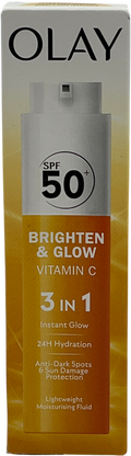 Olay Vitamin C Brighten & Glow 3in1 Moisturiser Face Fluid Spf50+ Hydrating Primer 50ml