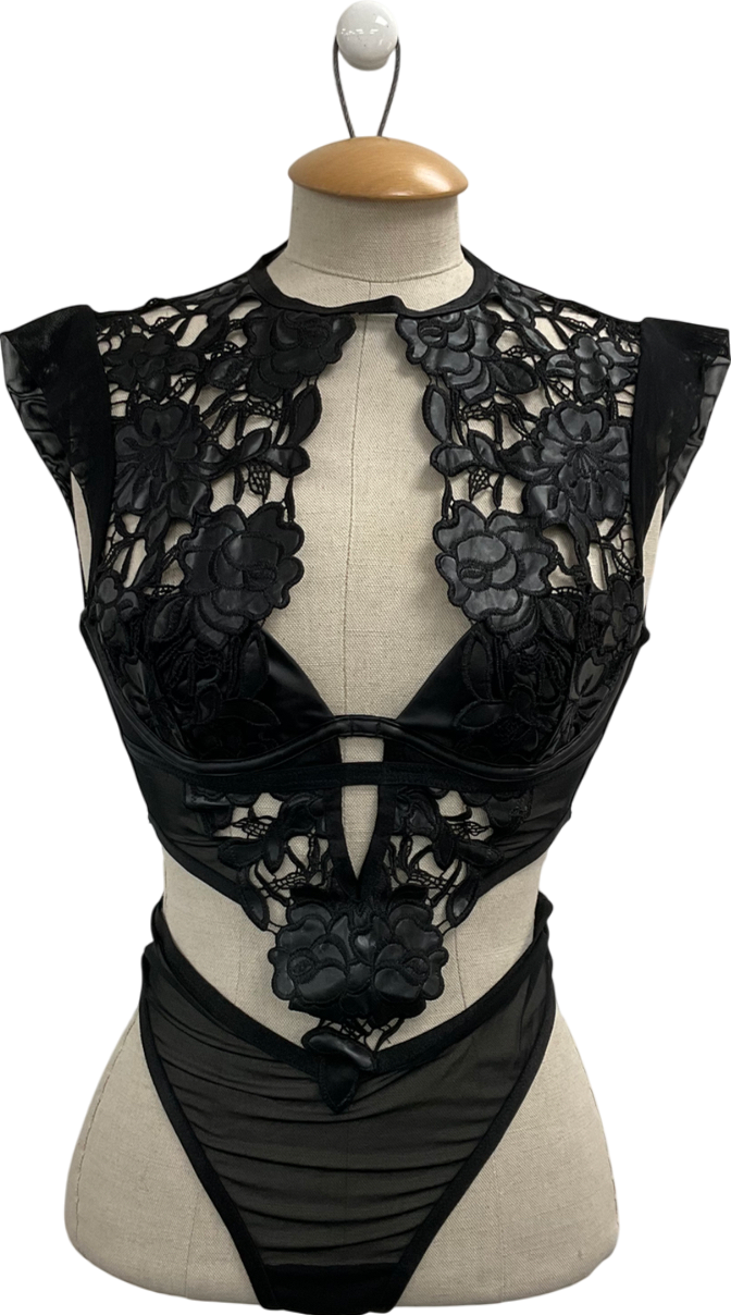 Black Faux Leather And Mesh Bodysuit UK S/M