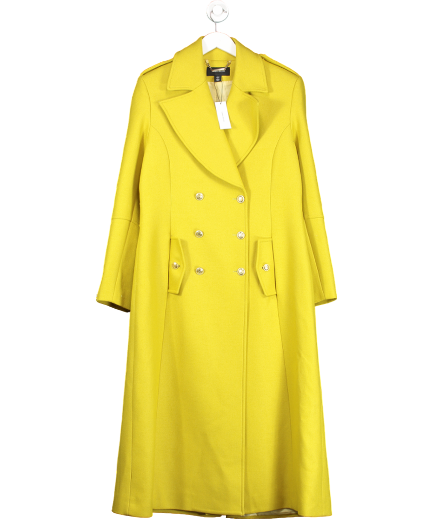 Karen Millen Chartreuse Premium Italian Manteco Wool Military Double Breasted Tailored Midi Coat UK 12