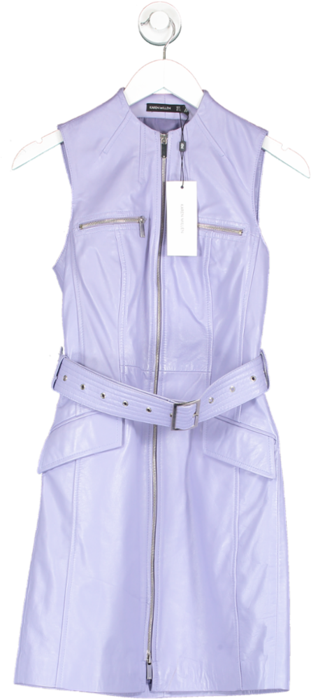 Karen Millen Purple Leather Zip Through Biker Mini Dress UK 8