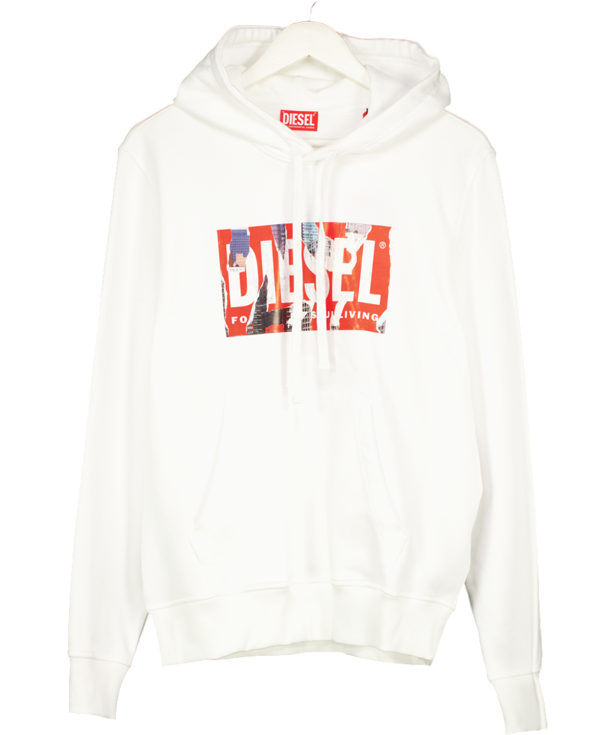Diesel White Ginn Logo Hoodie UK M