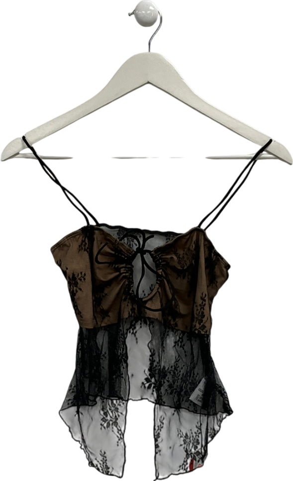 Cider Black Tie Up Lace Floral Cami Crop Top UK M
