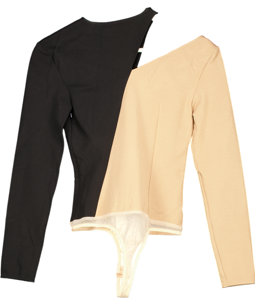 Safiyaa Beige Two Tone Asymmetric Cut Out Bodysuit UK 8