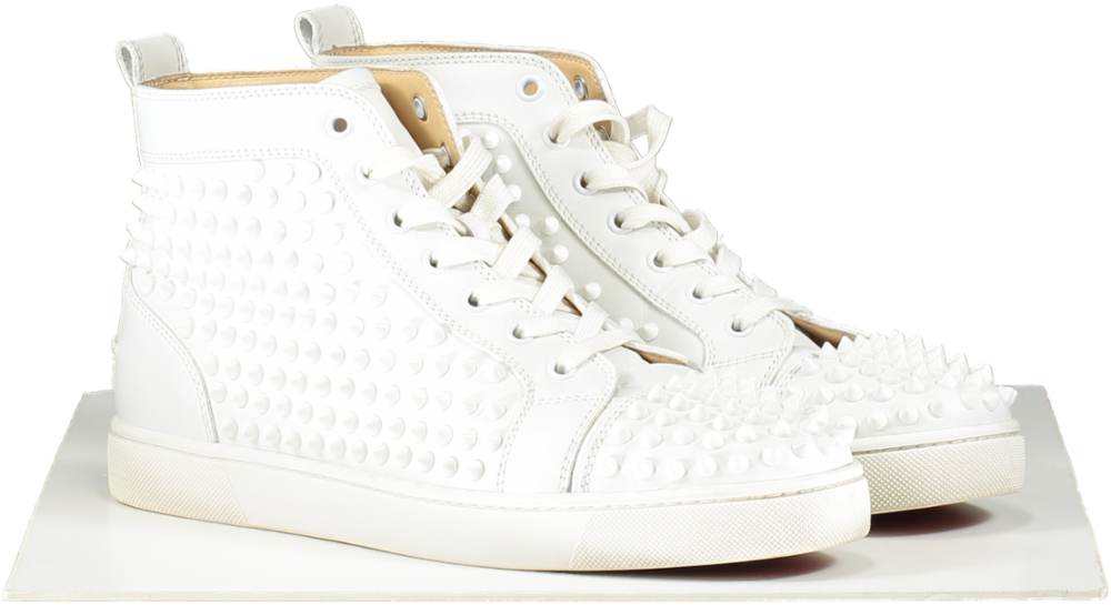 Christian Louboutin White Spiked Full-grain Leather High-top Sneakers UK 8.5 EU 42.5 👞