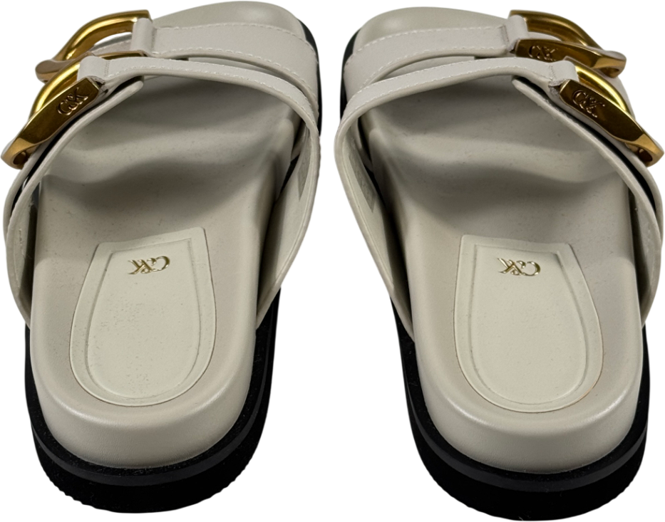 CHARLES & KEITH Gabine Buckled Leather Slides - Chalk Grey UK 6 EU 39 👠