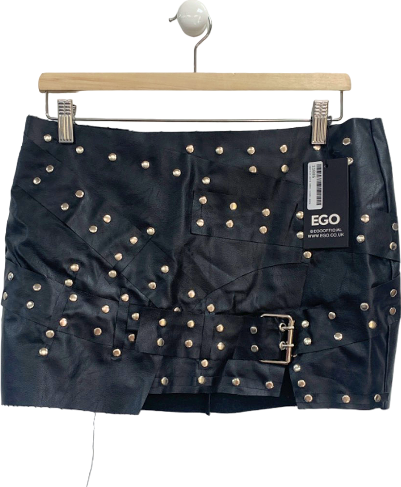 Ego Black Stud Detail Leather Mini Skirt UK 10