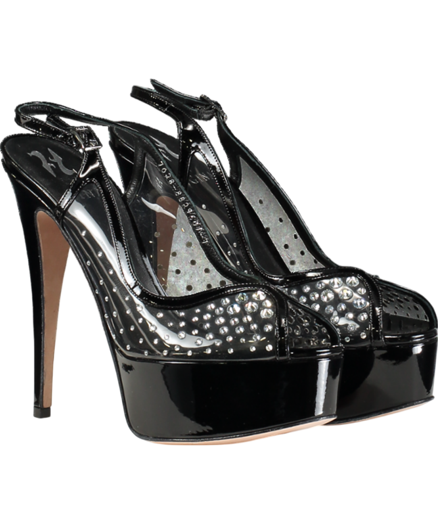 GINA Black Crystal Embellished Platfrom Peeptoe Heels UK 7 EU 40 👠