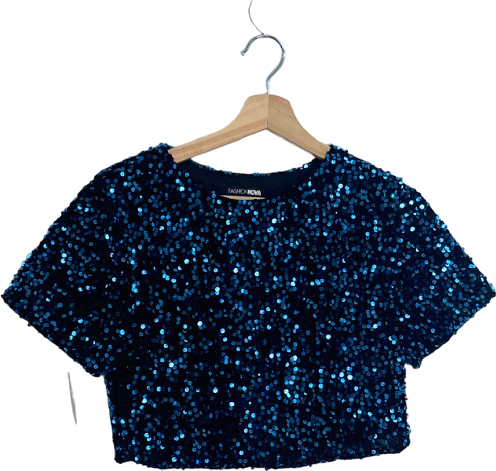 Fashion Nova Blue Sequin Short Sleeve Crop Top XS