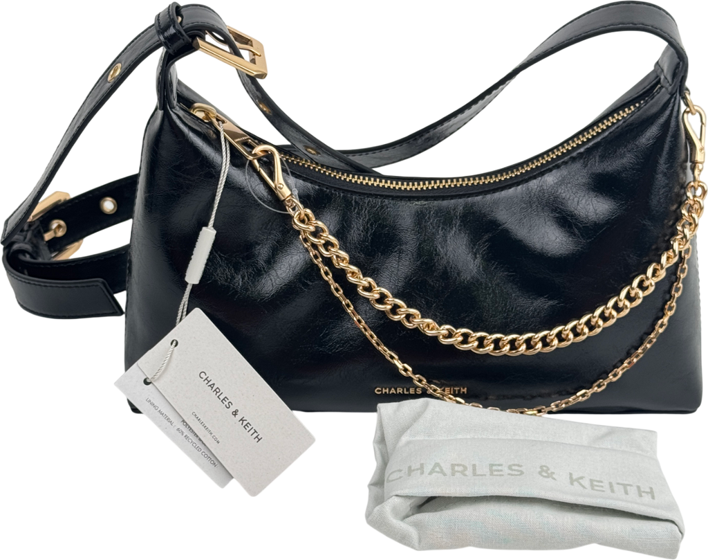 CHARLES & KEITH Black Atwood Chain-embellished Shoulder Bag - Noir
