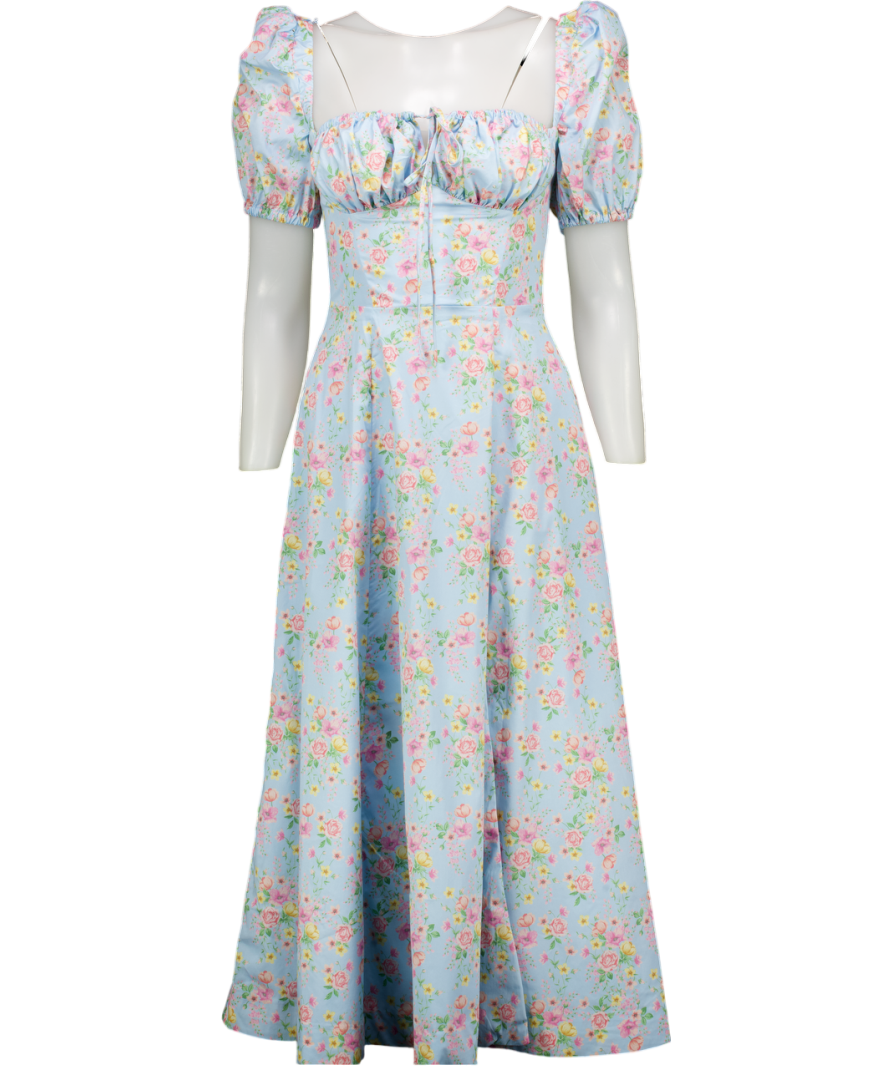 House of CB Tallulah Blue Vintage Floral Puff Sleeve Midi Dress UK S