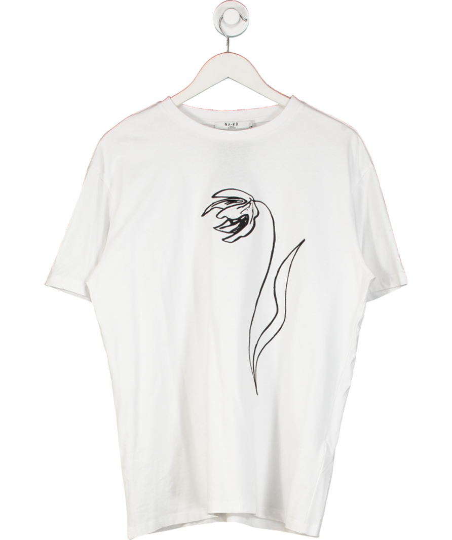 NA-KD White Embroidered Round Neck Oversized Tee UK S