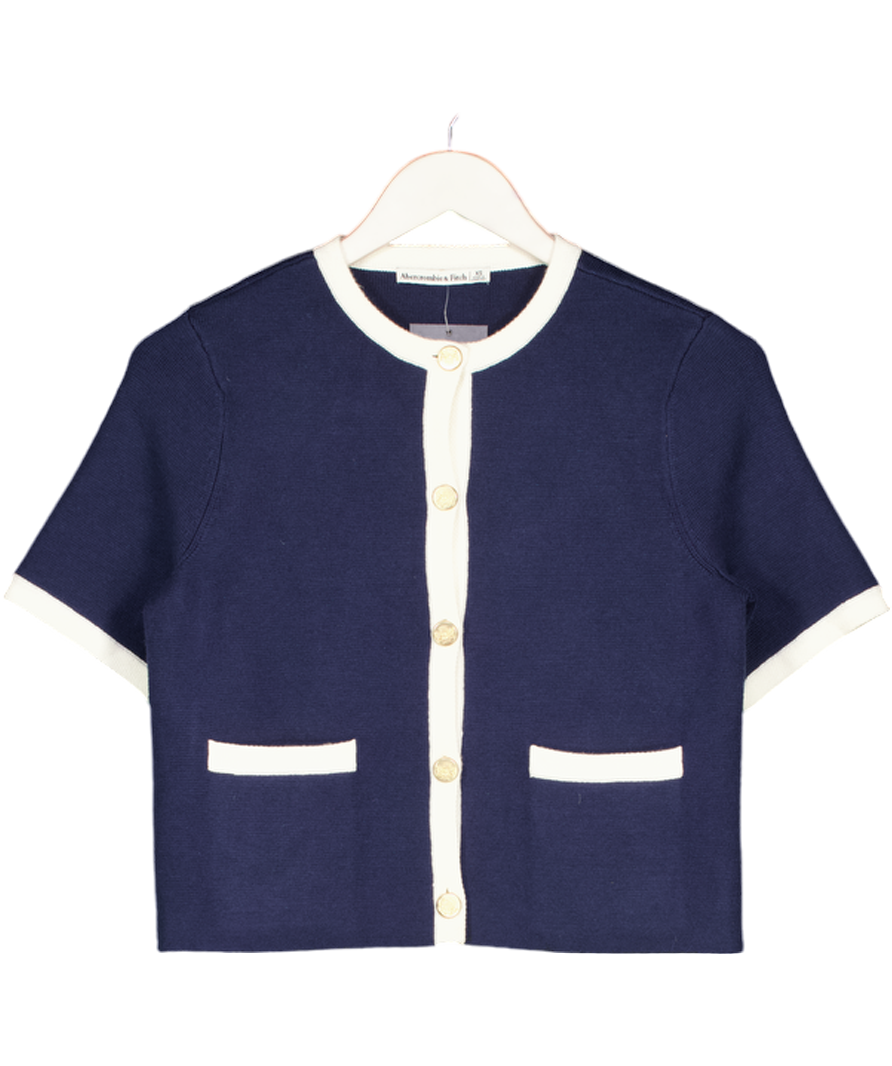 Abercrombie & Fitch Blue Contrast Trim Short Sleeve Cardigan With Gold Button Detail UK XS