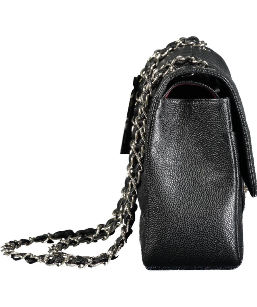 CHANEL Black Jumbo Classic Double Flap Bag in Caviar Leather with Silver Hardware